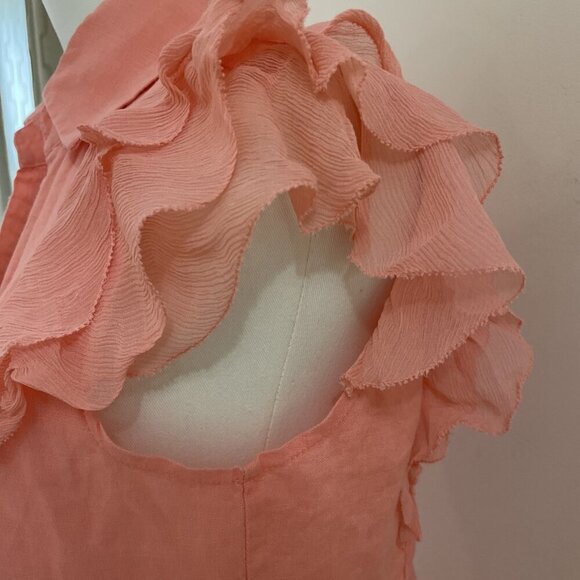 Tracy M 100% Linen Button Down Top Blouse Size S Salmon Ruffle Front Romantic - Picture 3 of 8